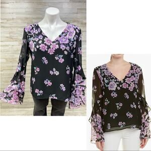 Nanette Lepore Zen Silk Floral Blouse Womens Size S Purple Black Bell Sleeve